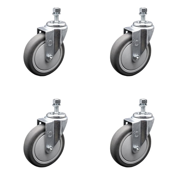 5 Inch Thermoplastic Rubber Wheel Swivel 3/8 Inch Threaded Stem Caster Set SCC