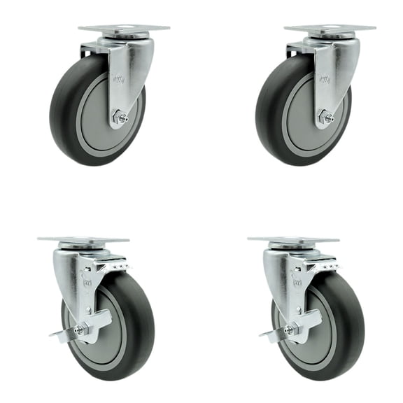 5 Inch Thermoplastic Rubber Wheel Swivel Top Plate Caster Set with 2 Brakes SCC