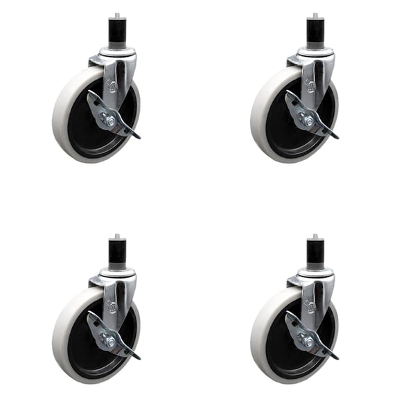 5 Inch Thermoplastic Wheel 1-3/5 Inch Expanding Stem Caster with Brakes Set of 4