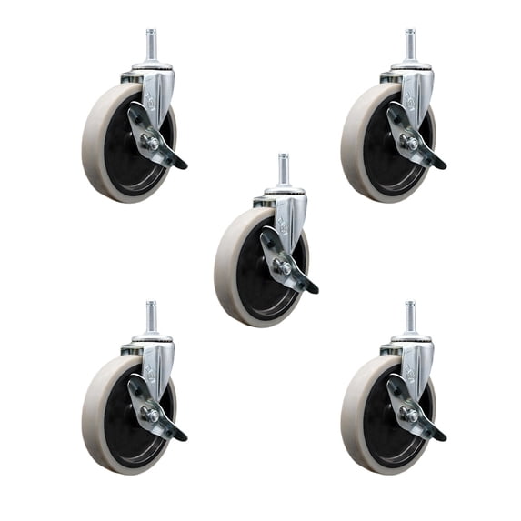 5 Inch Thermoplastic Wheel 1-3/8 Inch Grip Ring Stem Caster with Brakes Set of 5