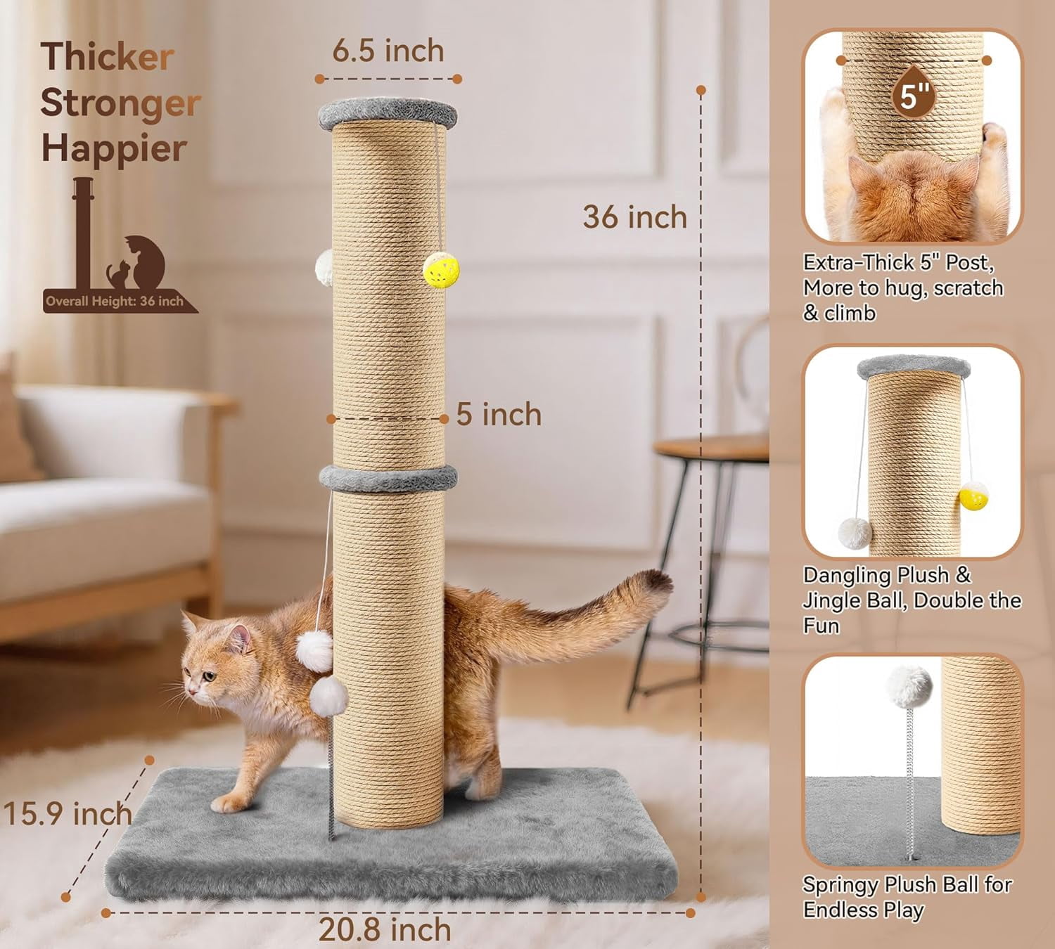 5-Inch Thick Sisal  Scratching Post, 36 Tall  Scratch Tower with Top Platform and -Stable Base,   Scratcher for Indoor Cats, Gray