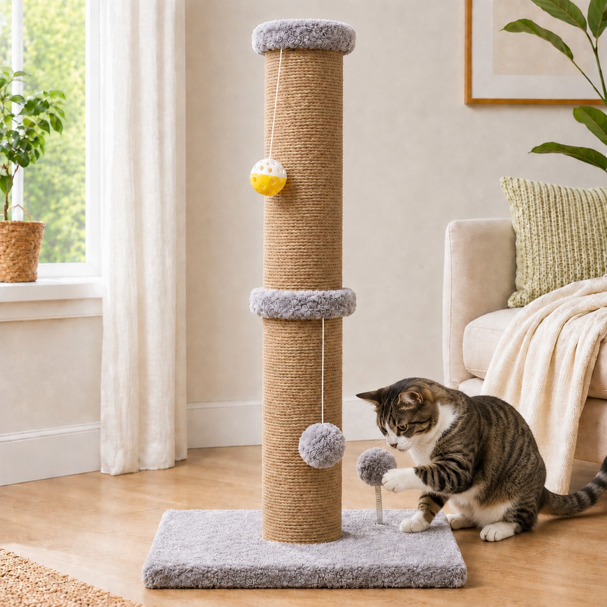 PELUOMOZ 5-Inch Thick Sisal Cat Scratching Post with Top Platform and Extra-Stable Base, Gray