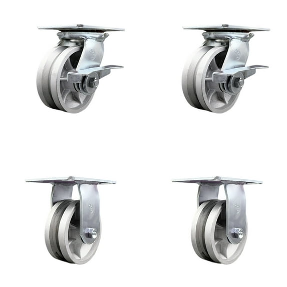 5 Inch V Groove Semi Steel Caster Set with Ball Bearing 2 Brakes and 2 Rigid SCC