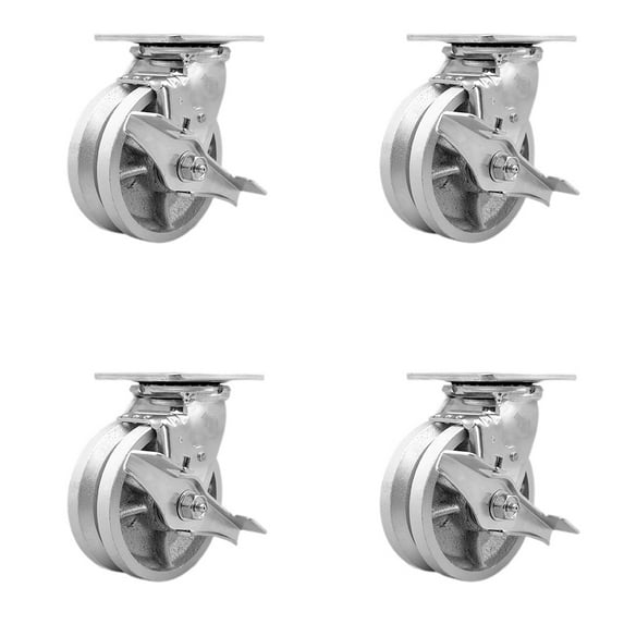 5 Inch V Groove Semi Steel Caster Set with Roller Bearings and Brake/Swivel Lock