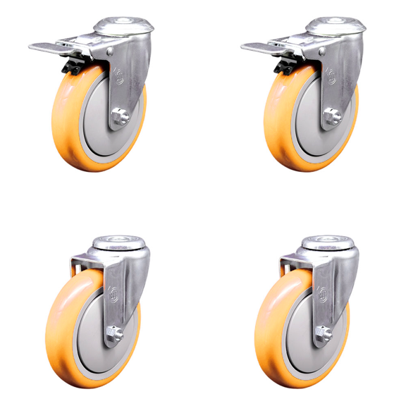 5 Inch Yellow Polyurethane Swivel Bolt Hole Caster Set with 2 Total Lock Brake