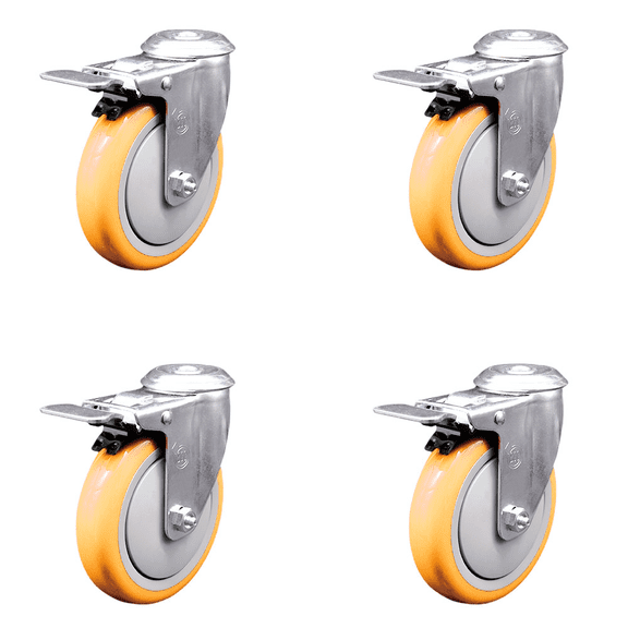 5 Inch Yellow Polyurethane Swivel Bolt Hole Caster Set with Total Lock Brake SCC