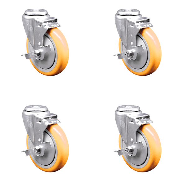 5 Inch Yellow Polyurethane Wheel Swivel Bolt Hole Caster Set with Brake SCC