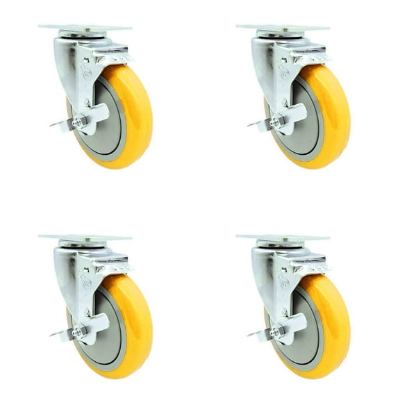5 Inch Yellow Polyurethane Wheel Swivel Top Plate Caster Set with Brake SCC