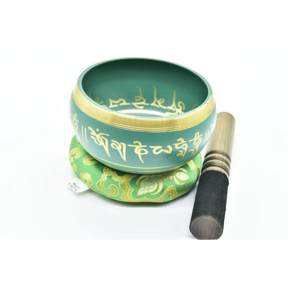 5 Inches Tibetan Hand Printed Singing Bowl Set - for Meditation, Healing, Mindfulness, Relaxation By GK&CO. Including free Wooden Mallet/Strike and Silk Made Cushion (Green Color)