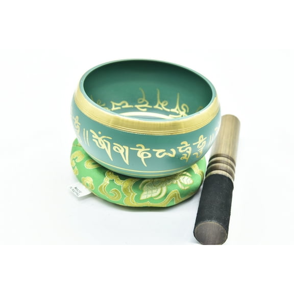 5 Inches Tibetan Hand Printed Singing Bowl Set - for Meditation, Healing, Mindfulness, Relaxation By GK&CO. Including free Wooden Mallet/Strike and Silk Made Cushion (Green Color)