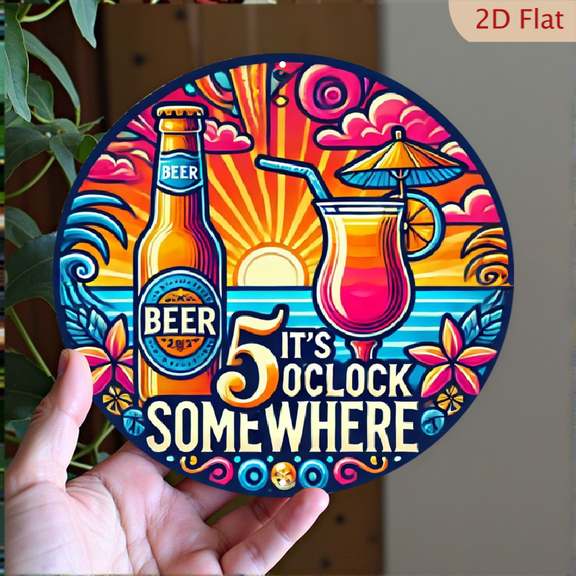 5 It's O'Clock Somewhere Round Aluminum Wall Art, 8x8 Inch Psychedelic Beach Sunset Cocktail Decor for Home Bar and Tropical Kitchen Wall Decoration