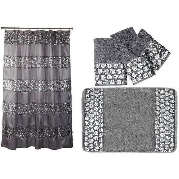 5 Items: Shower Curtain, Bath Towel, Hand Towel, Fingertip Towel And Bath Rug With Sequins (Silver)