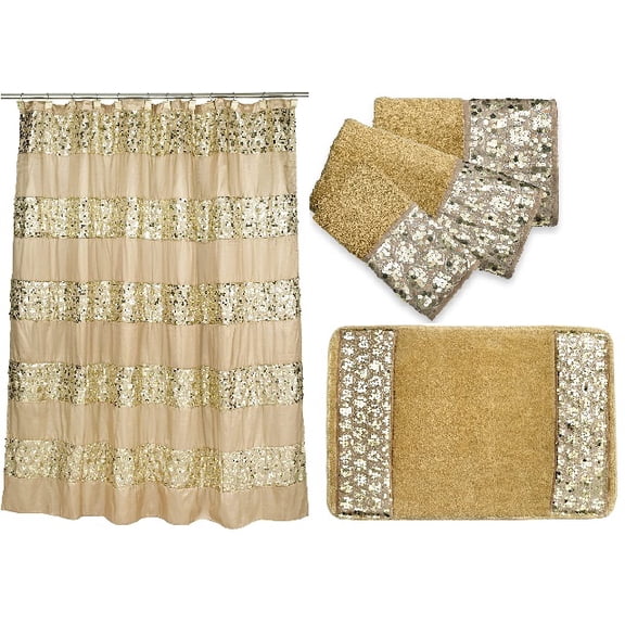 5 Items: Sinatra Shower Curtain, Bath Towel, Hand Towel, Fingertip Towel and Bath Rug with Sequins, Champagne Gold