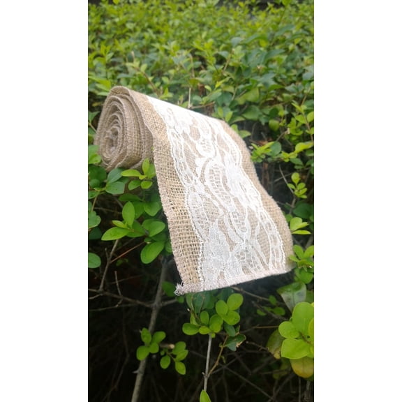 Burlap Fabrics Burlap Lace Ribbon Ivory - 5 Inch Wide x 5 Yard Roll with 4 Inch Floral Lace