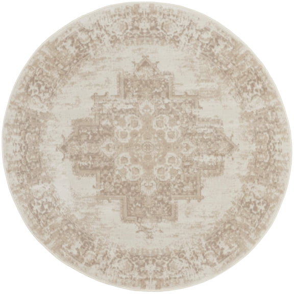 5' Ivory Floral Power Loom Worn Faded Round Rug