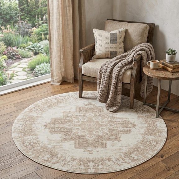 5' Ivory Floral Power Loom Worn Faded Round Rug