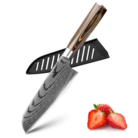 5" Japanese Santoku Knife Professional Chef Knife with Pakka Handle Sharp Kitchen Knife with Cover for Meat,Fish and Vegetables