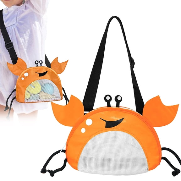 Under 5$ Kaireo Crab Shaped Mesh Beach Bag,Adjustable Strap Shell Collecting Bag for Kids,Fun Pool Toy Holder for Beach Trips,Lightweight and Colorful Design for Summer Activities