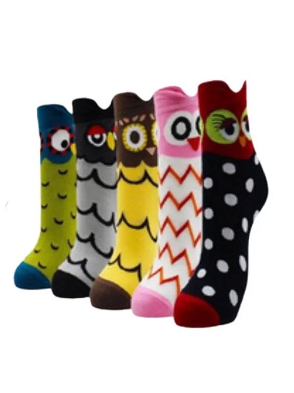 5 Kawaii Owl Socks Set Bold Animal Patterns Sz 9-11 Cotton Cartoon Style New