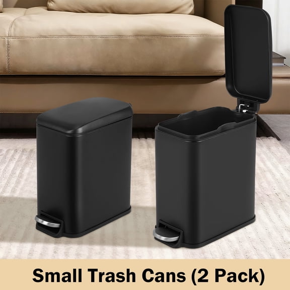 5 L / 1.3 Gallon Trash Can with Lid,Step Pedal Trash Bin Slim Trash Can Stainless Steel Garbage Can with Removable Inner Bucket for Small Spaces, Black (2 Pack)