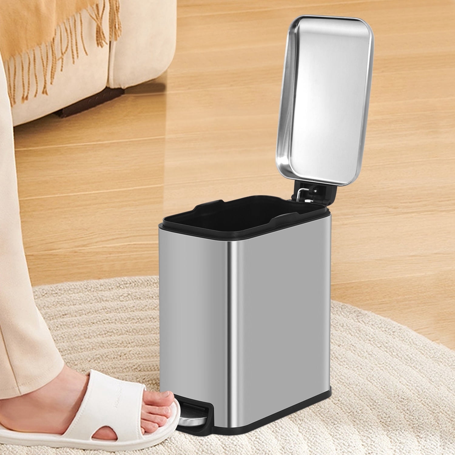 5 L / 1.3 Gallon Trash Can with Lid,Step Pedal Trash Bin Slim Trash Can Stainless Steel Garbage Can with Removable Inner Bucket for Small Spaces, Silver (1 Pack)