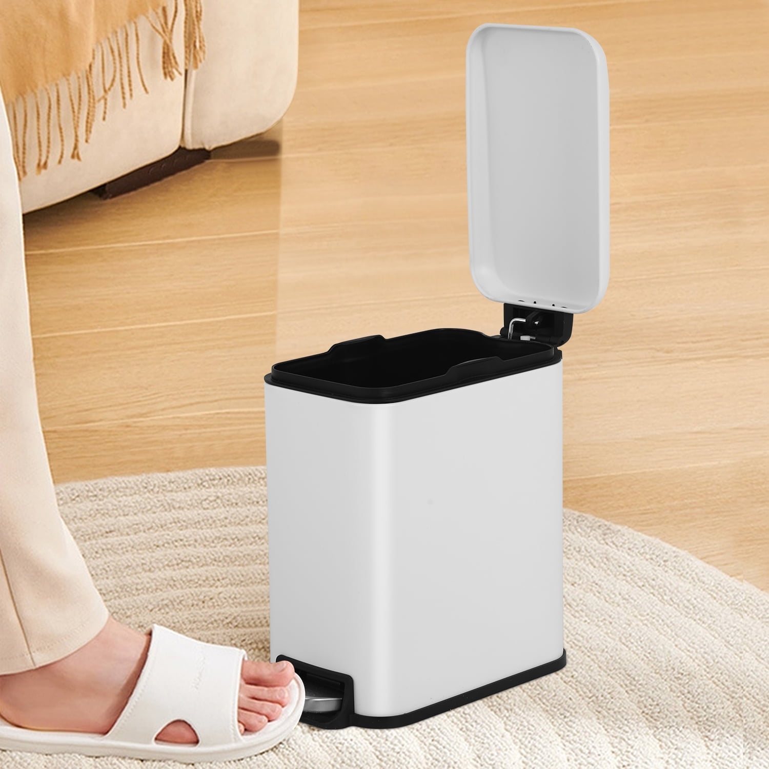 White Stainless Steel Rectangular Pedal Trash Can for Kids