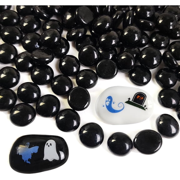 5 LB Black Glass Gems Pebble Stones with 2 Pcs Large Printed Flat Marbles for Vase Filler Decor,Table Scatter,Fire Pit,Arts Crafts,Candle Holder,Wedding Centerpieces,500 pcs
