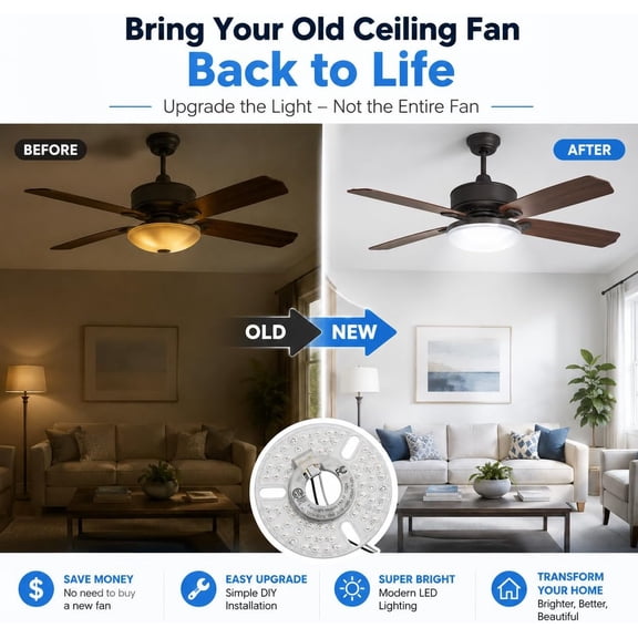 5" LED Ceiling Fan Light Kit Replacement, 18W Universal Retrofit Light for Flush Mount Fans, 3-Color Adjustable, Farmhouse Style, Energy Efficient, Easy DIY Installation for Old Lighting Fixtures