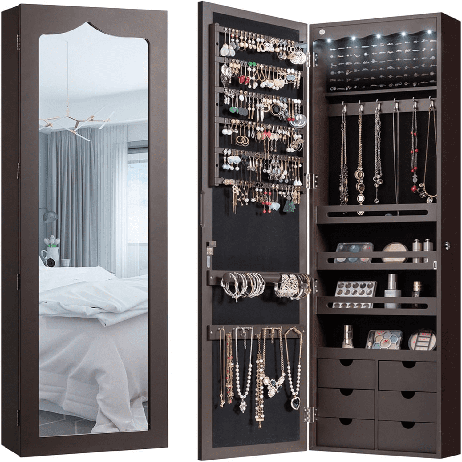 5 LEDs Mirror Jewelry Armoire Wall Mounted Door Hanging Lockable