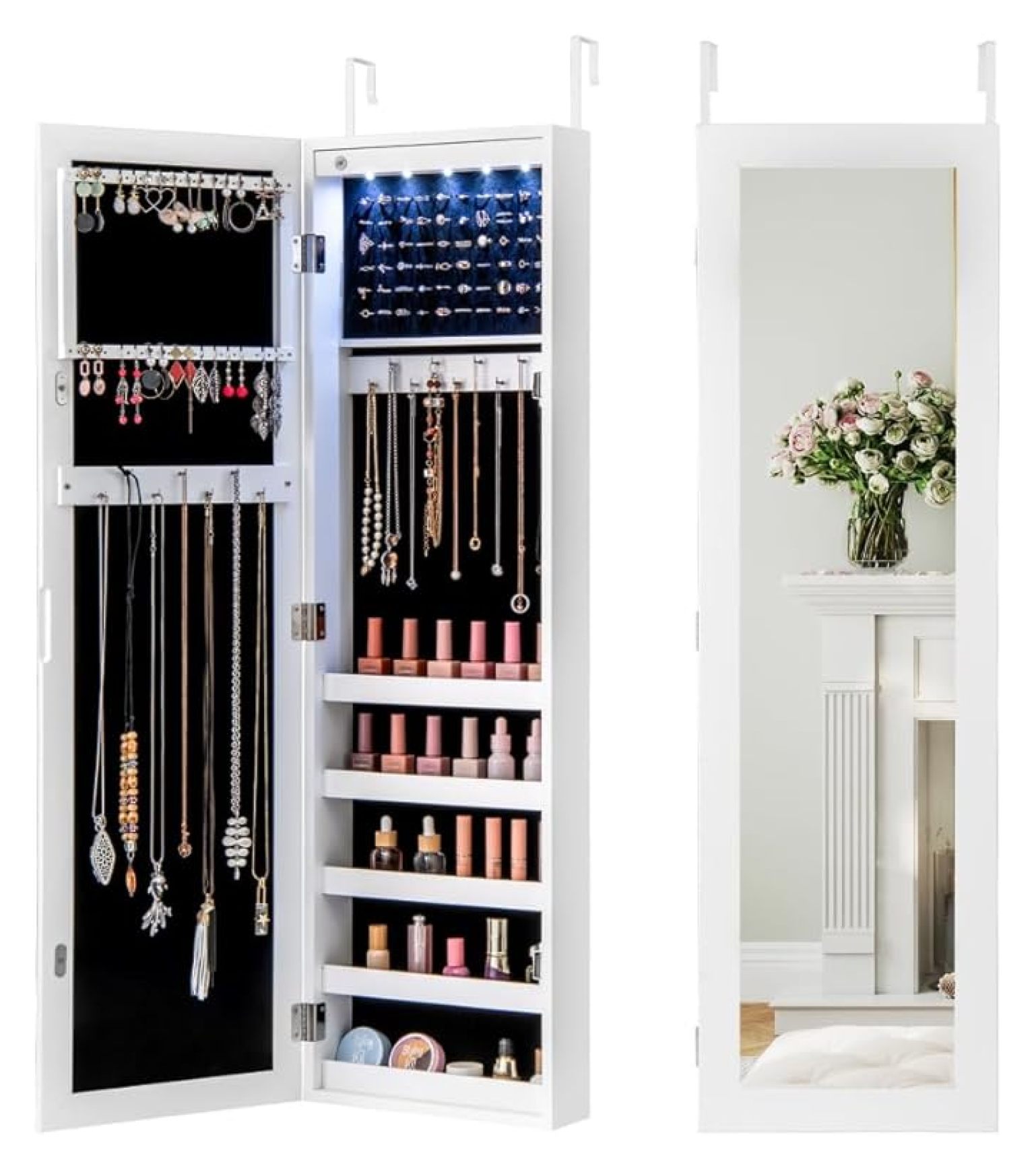 5 LEDs Mirrored Jewelry Cabinet Wall Mounted or Door Hanging, 42