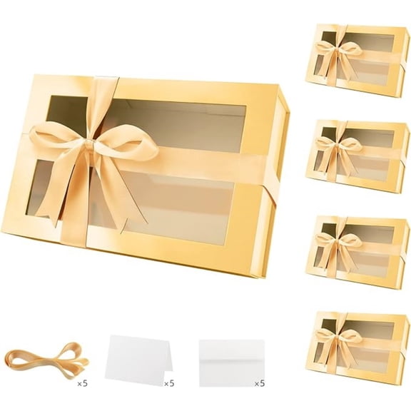 5 Large Gold Christmas Gift Boxes with Windows, 13.5x9x4.1 Inches Clear Gift Boxes for Presents Contain Ribbons, Cards, Bridesmaid Proposal Boxes, Boxes with Magnetic Lids (Glossy Gold)