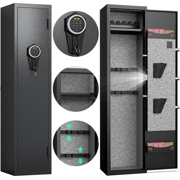 5 Large Gun Safe for Guns and Pistols, Quick Access Gun Safe with Silent Mode and Alarm System, Gun Cabinet with Removable Shelf and 3 Adjustable Gun Slots