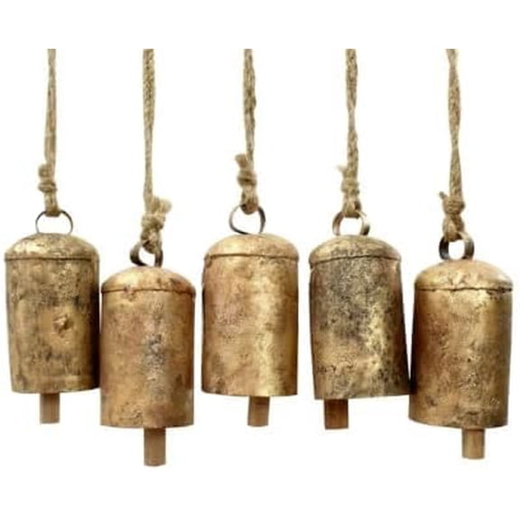 5 Large Rustic Hanging Cow Bells Decor, Rounded Top Antique Style Christmas Bell