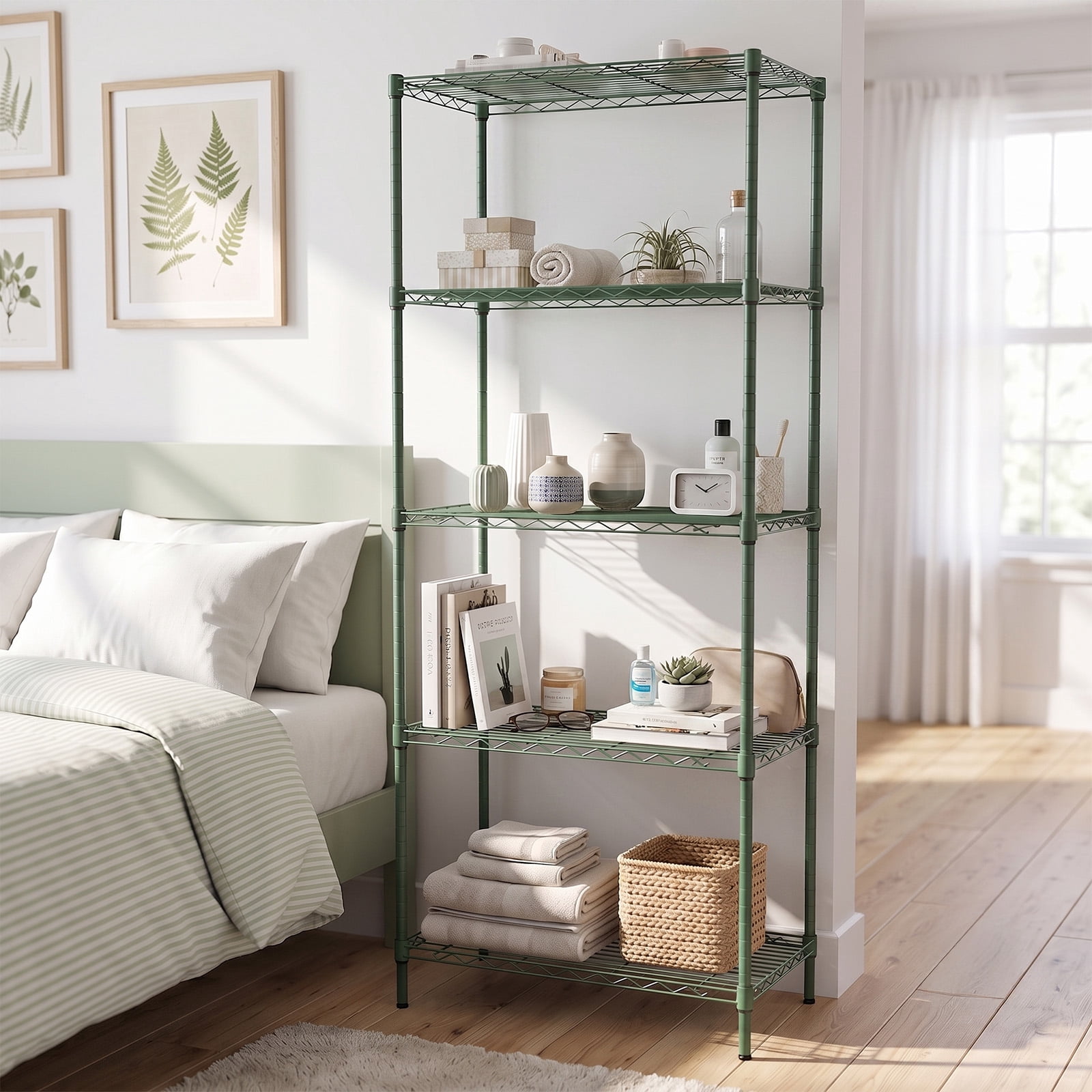 5-Layer Adjustable Display Rack Iron Household Shelf with Adjustable Feet 29.13 x 13.39 x 59.06 in Forest Green