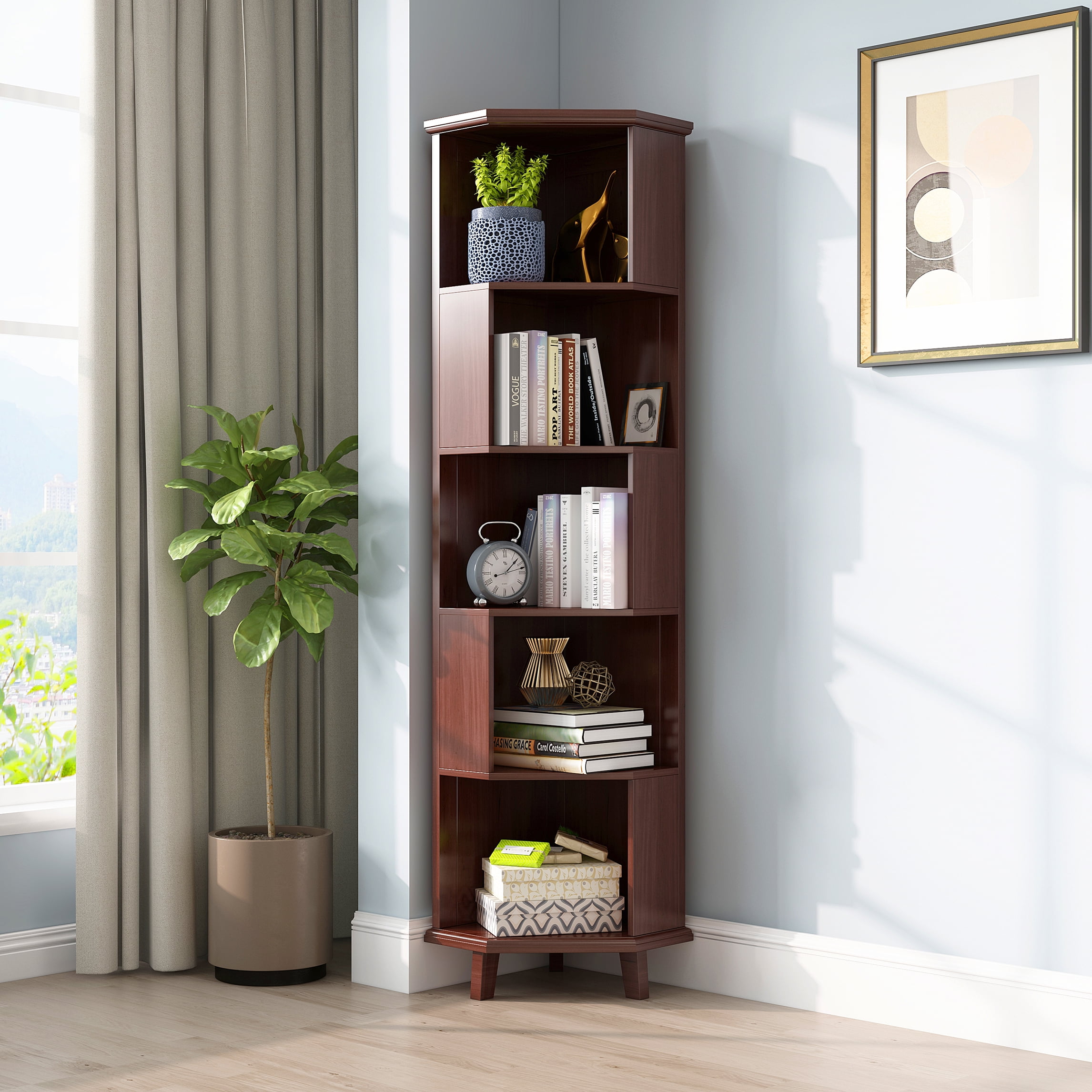 5Layer Cube Corner Bookshelf Solid Wood Corner Bookcase（Brown
