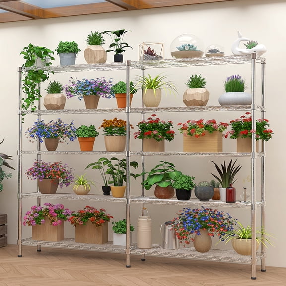 5 Layer Double Row Chrome Plated Iron Display Stand With Adjustable Feet Freely Adjustable Layer Spacing Heavy Duty Storage Shelf For Home Office Retail Space