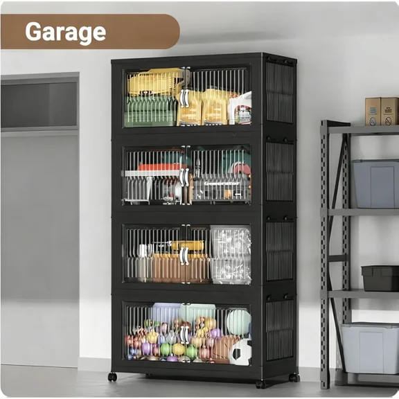 5-Layer Foldable Stackable Storage Organizer Unit with Doors, Wheels, and Removable Bins for Multi-Room Closet, Bedroom, Kitchen, and Home Organization