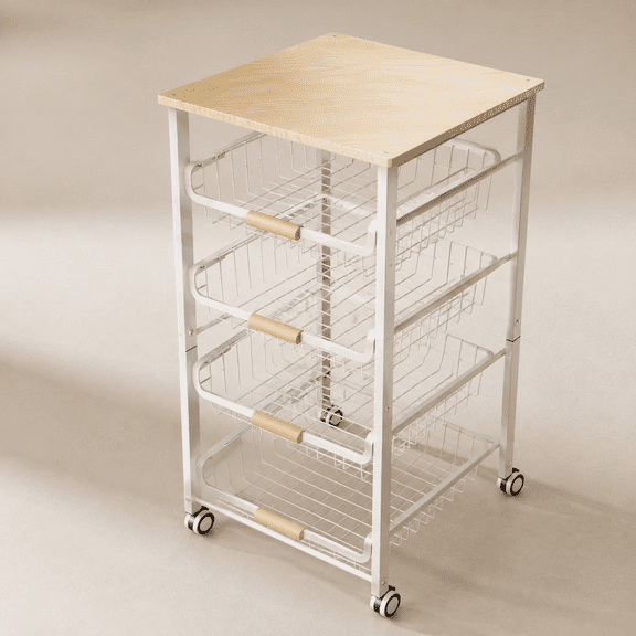 5-Layer Fruit Basket Kitchen Food Storage Organizer and Storage Rack, Stackable Storage cart with Desktop, Pull-Out Hollow Metal Storage Basket, Wheeled Sorting Rack Spice Rack