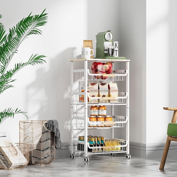 5-Layer Fruit Basket Kitchen Food Storage Organizer and Storage Rack, Stackable Storage cart with Desktop, Pull-Out Hollow Metal Storage Basket, Wheeled Sorting Rack Spice Rack