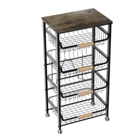 5-Layer Fruit Basket Kitchen Food Storage Organizer and Storage Rack, Stackable Storage cart with Desktop, Pull-Out Hollow Metal Storage Basket, Wheeled Sorting Rack Spice Rack,Black