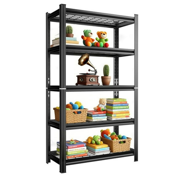 5-Layer Metal Storage Rack, Adjustable Height Storage Rack, 2000 Pound Load, Suitable For Garages, Kitchens, Supermarkets, Storage Rooms, And Gyms. Black, Requires Assembly