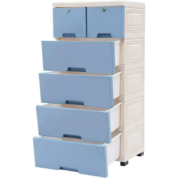5 Layer Plastic Dressers with Drawers for Clothes, 6 Drawers Plastic Drawer Storage Organizer, Storage Cabinet with Wheels and Locks, Movable Organizer Chest Closets 40 * 19 * 14in (Blue)