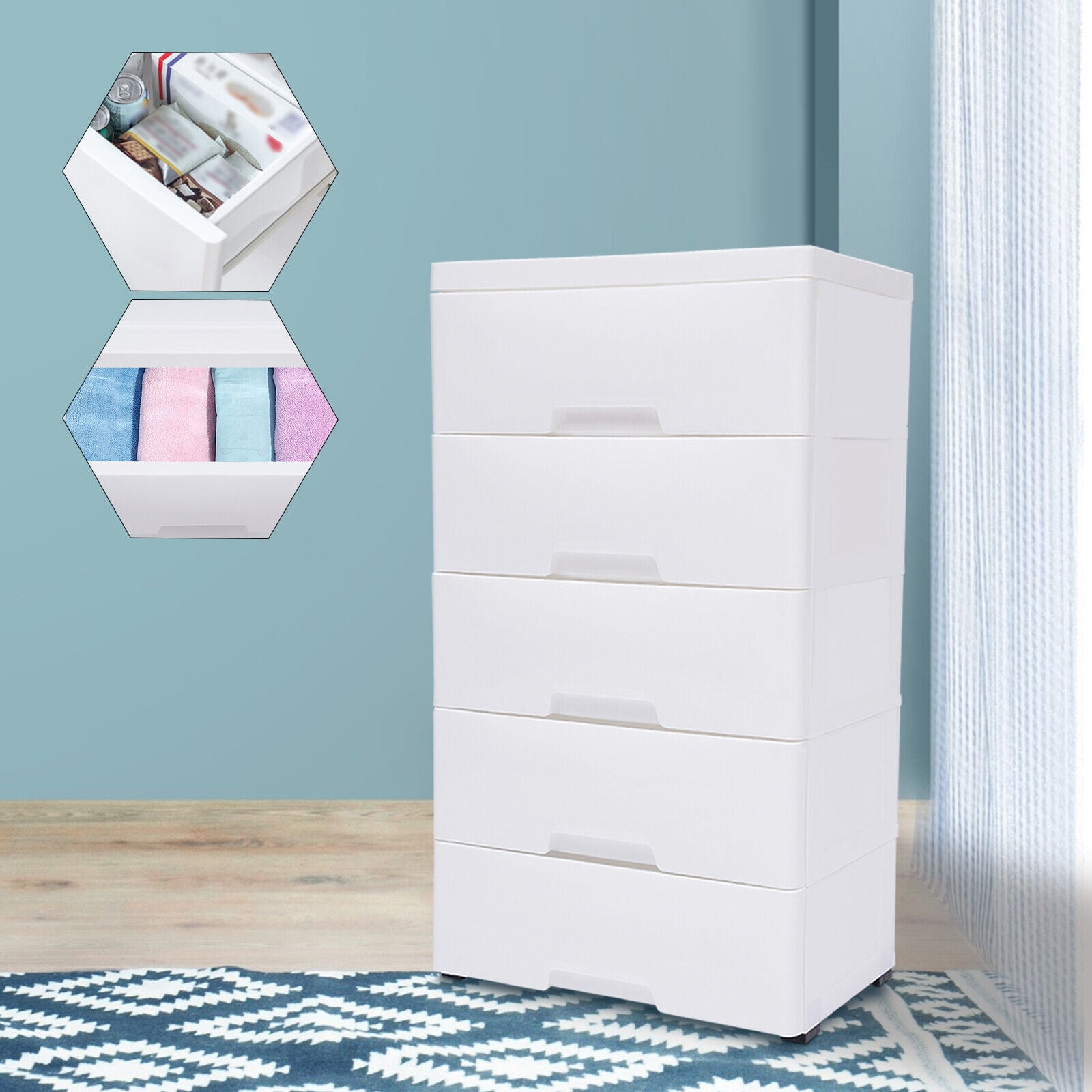 5 Layer Plastic Storage Cabinet Detachable Drawer Tower Case Clothes Organizer w/ Wheels