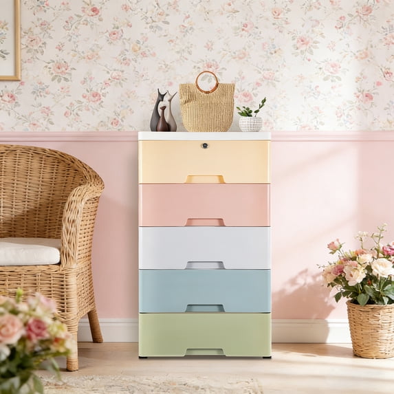 5-Layer Rolling Storage Bin with Wheels, Modern PP Plastic Drawers – White & Macaron Colors, Secure Locking Top, Durable & Easy To Move