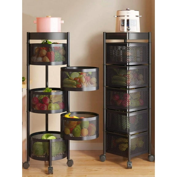5-Layer Rotating Kitchen Storage Cart - Metal Wheeled Shelves, Multifunctional Fruit/Vegetable/Bathroom Floor Standing Rack