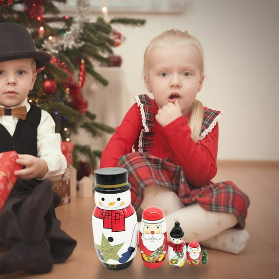 5-Layer Santa Claus Nesting Dolls - Russian Matryoshka Wooden Christmas Dolls Set with Snowman Designs, Hand-Painted Holiday Collectible Gift for All Ages Multicolor