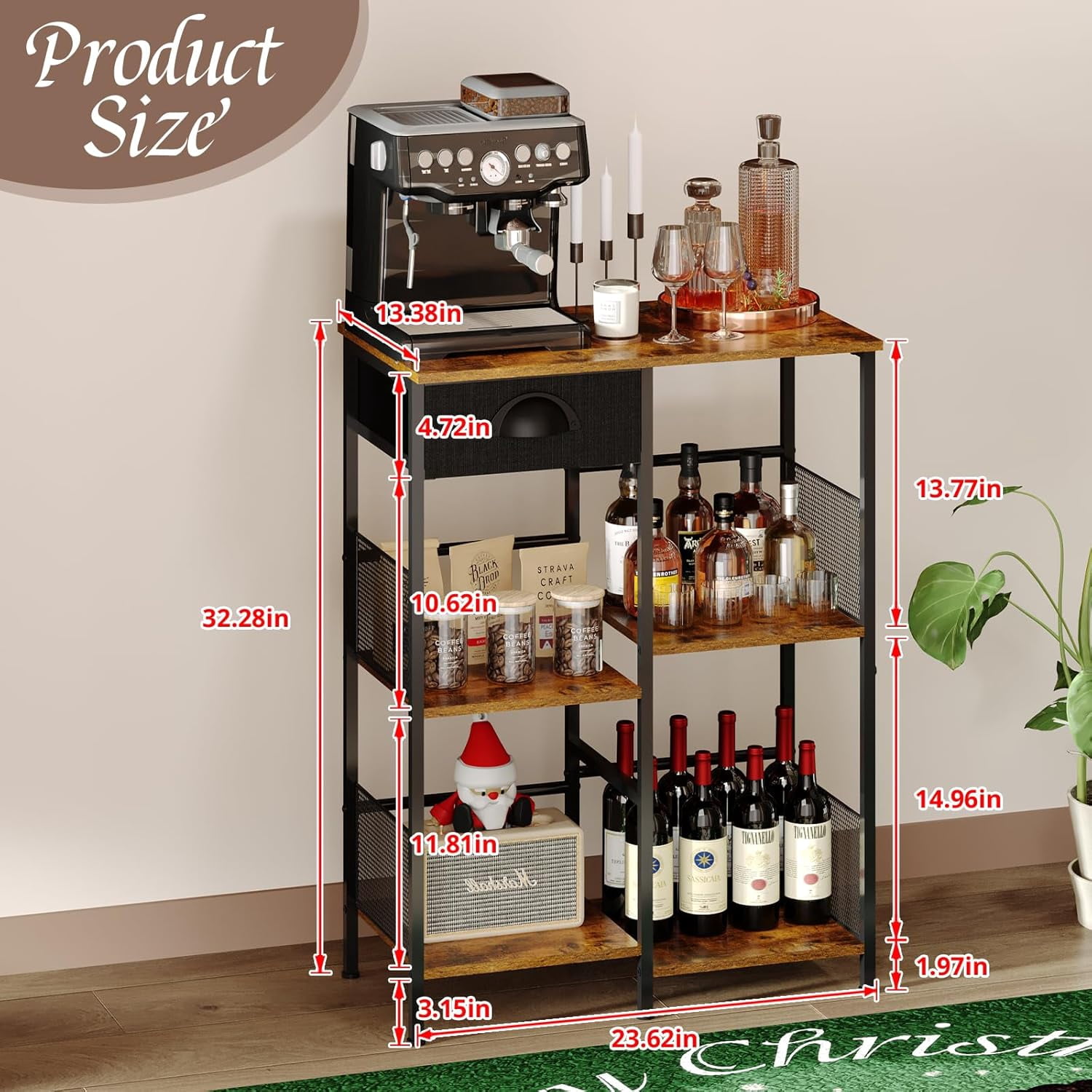 Staggered Racks 5-Layer Staggered Coffee with Drawer, Rustic Wood Bakers Rack for Small ...