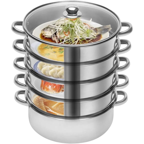 5-Layer Stainless Steel Steamer, 26CM Commercial Food-Grade Steamer Cookware Steaming Pot Tool w/Glass Lid Foods Steamers for Induction Cookers, Electric Ceramic Stoves, Gas Stoves (Silver, 26CM)