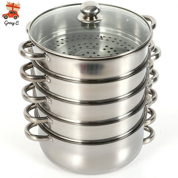 5 Layer Stainless Steel Steamer 26cm Large Capacity Steam Cooker with Glass Lid, Multi Tier Vegetable Steamer Pot for Gas and Electric Stove Healthy Cooking 5 Tier