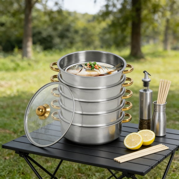 5-Layer Stainless Steel Steamer Pot, 1.32 Gal Large Capacity Stackable Food Steamer for Cooking, with Clear Lid & Gold Handle, for Commercial and Home Use, Silver+Gold